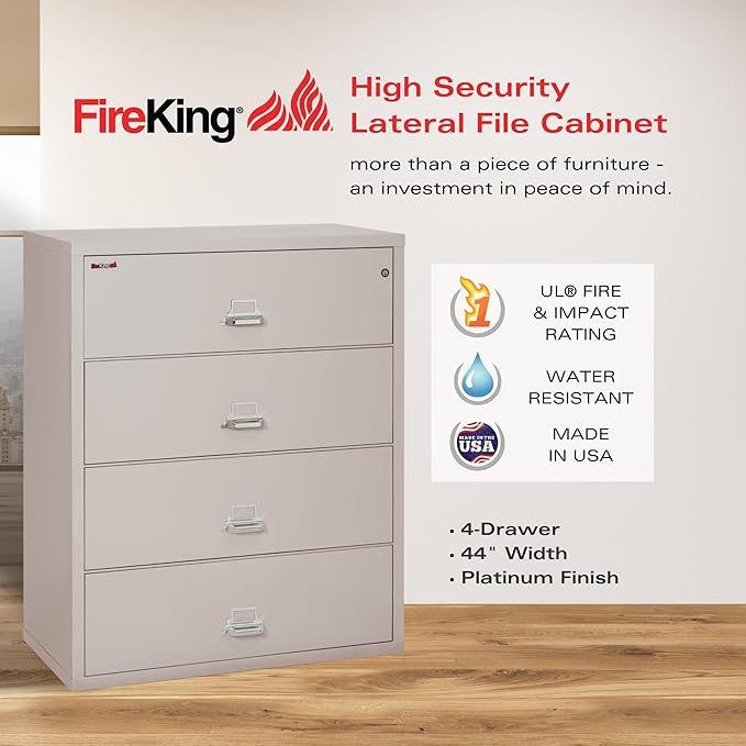 FireKing Fireproof Lateral File Cabinet (4 Drawers, Impact Resistant, Water Resistant), 44" W x 22" D, Platinum, Made in USA