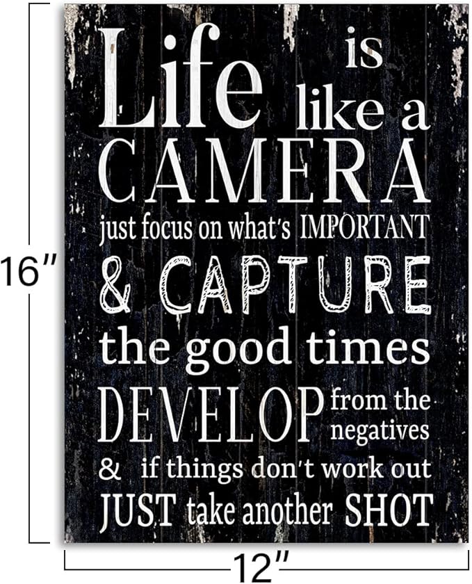 WOWGOOMO Life is Like a Camera Wall Art Vintage Inspirational Wall Decor for Home Décor Office Motivational Framed Encouraging Quotes Sayings Wall Plaque 12x16 Inch Inspirational Gift for Men Women