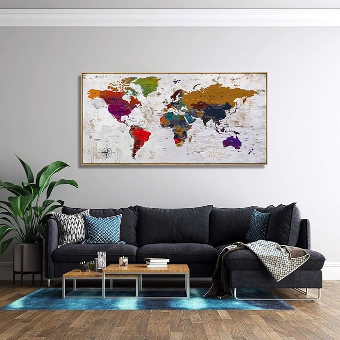 Framed Wall Art World Map Wall Art Canvas Picture 24inx48in Large Antiqued Map of The World Canvas Painting Artwork Prints for Office Wall Decor Home Living Room Decorations Framed Ready to Hang…