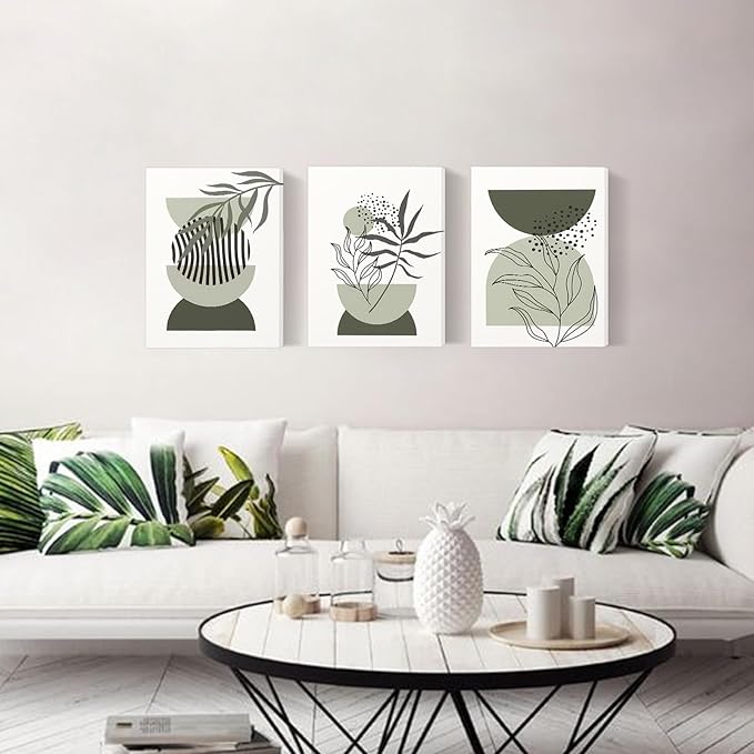 Sage Green Boho Wall Art Set of 3,Minimalist Boho Framed Wall Art Geometric Line Leaf Sun Moon Beige Green Canvas Artwork Paintings Wall Decor Living Room,Modern Abstract Sage Green Boho Wall Decor for Room Bathroom Office,12"x16"