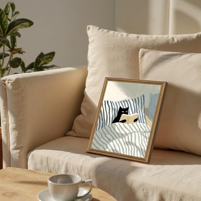 Fantasy Artists Black Cat Reading in Bed Wall Art, Quiet Character Illustration with Soft Neutral Tones, Calm Lifestyle Canvas Print for Bedroom, Reading Nook or Home Office, 8W x 10H
