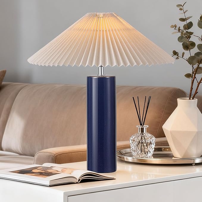 Ceramic Table Lamps for Bedroom Set of 2, Adjustable Shade Lamps for Night Stands, Modern Cylindrical Nightstand Table Lamps 5W E26 for Bedroom Bedside Buffet, Blue