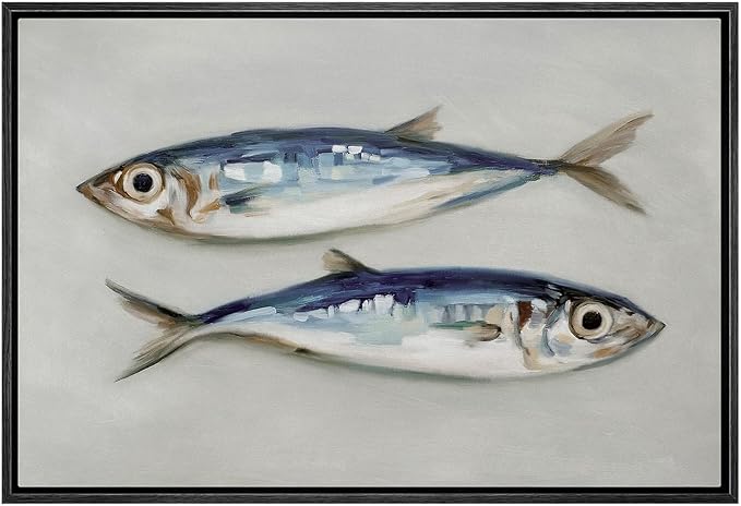 MUDECOR Framed Canvas Print Wall Art Two Fish Illustration Coastal Illustrations Minimalism Decorative Relax Colorful for Living Room, Bedroom, Office - 16"x24" Black
