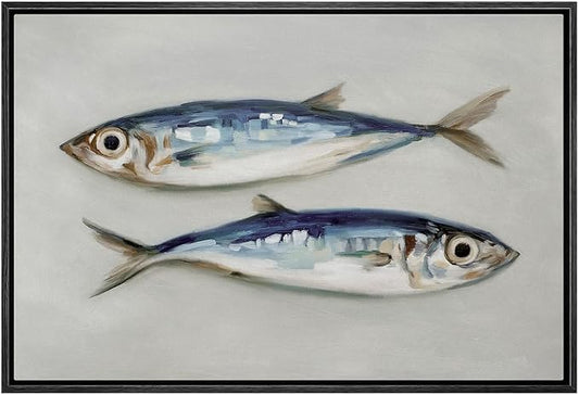 MUDECOR Framed Canvas Print Wall Art Two Fish Illustration Coastal Illustrations Minimalism Decorative Relax Colorful for Living Room, Bedroom, Office - 16"x24" Black