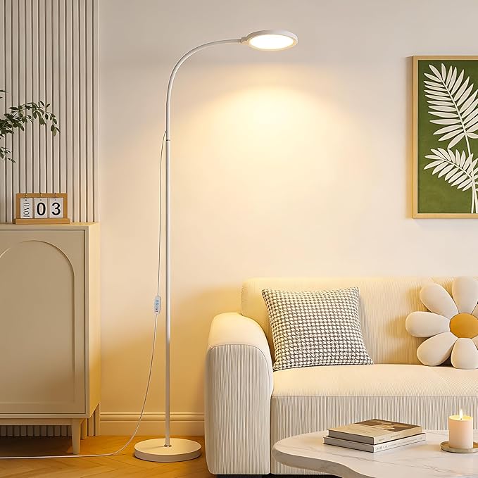 White Modern Bright LED Floor Lamp Adjustable Gooseneck Standing Lamp with Dimmer & Color Temperature, for Living Room,Kids Bedroom,Office, Nursery Library Desk Reading Light, Eyelash Makeup light