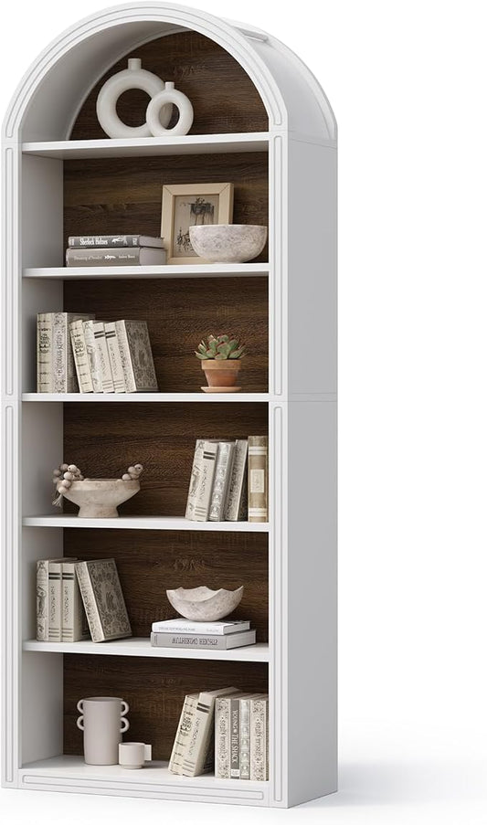 LITTLE TREE 6-Tier Bookcase, 77" Tall Bookshelf with Arched Top, Large Freestanding Wooden Open Bookcase Bookshelf, Modern Display Book Shelf for Living Room, Bedroom, Office, Library, White Brown