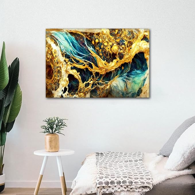 Abstract Wall Art for Men Modern 1 Panel Canvas Marble Artwork Alcohol Ink With Gold Illustration Poster Fashion Backdrop Picture for Living Room Bedroom Office Wall Decor Framed to Hang 36x24 in