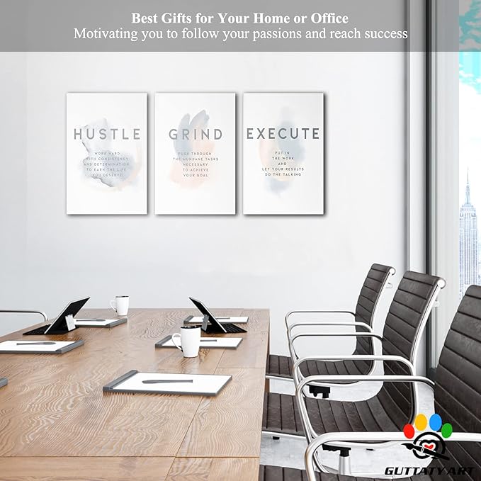 Office Wall Art - 3 Panel Motivational Wall Art, Inspirational Quotes Canvas Art for Home Office Wall Decor, Positive Quotes Wall Decor, Entrepreneur Grind Hustle Execution Poster Frame (16”x24”x3Pcs)