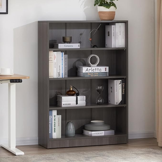 Farini Black Bookshelf for Bedroom 4 Shelf Office Bookcase 48 Inches Tall Modern Wood Bookshelf for Living Room 4 Tier Wide Manga Books