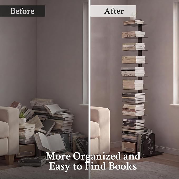 Suchtale 11-Tier Spine Bookshelf Tower,Tall Vertical Book Organizer,Metal Floor Standing Bookshelf for Small Spaces,Narrow Bookcase for Living Room,Bedroom & Office,Adjustable Shelf Directions,Black