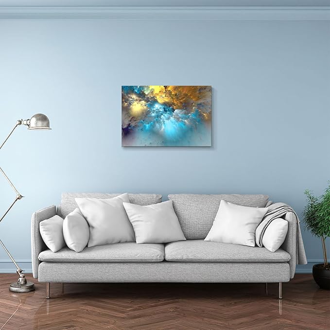 Golden Canvas Wall Art Blue Modern Abstract Painting Prints Colorful Smoke Billowing on White Background Framed Energetic Artwork Pictures for Living Room Bedroom Hallway Wall Decoration 30x20in
