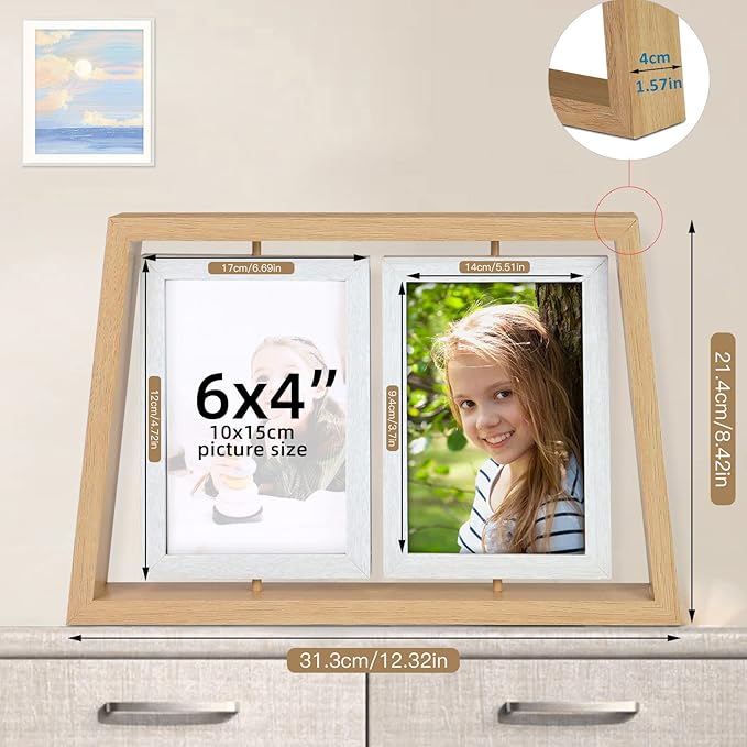 ZEEYUAN 4x6 Desk Picture Frames Rotating Rustic Photo Frame Floating 4x6 Double Side Frame for Tabletop Office Decor, Mothers Day Gifts Picture Frame for Mom Gift from Daughter Son