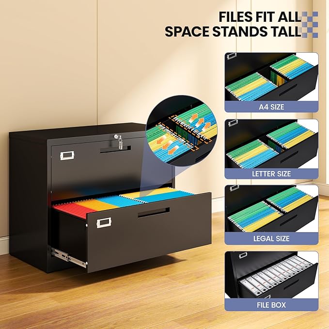 2 Drawer Locking Lateral File Cabinet, Wide&Deep Black Metal Filing Cabinet for Letter/Legal/A4/F4 Files, Includes Card Holder and Hanging Folders for Home Office, School, Business