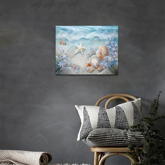Beach Seashell Bathroom Wall Art Coastal Floral Pictures Wall Decor Flower Starfish Canvas Painting Modern Decoration Artwork for Bathroom Living Room Bedroom Office Framed 16"x12"