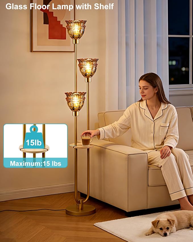 Lightdot 3-Lights Glass Floor Lamp for Living Room Mid Century Modern Gold Floor Lamp with Amber Glass Shade & 3000K Bulbs Included Tall Standing Lamp for Bedroom/Sofa Beside/Corner Decor