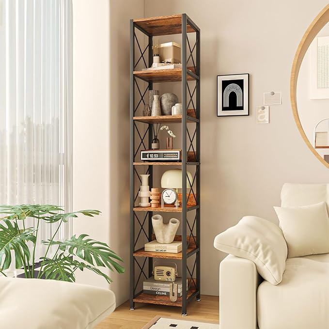 IBUYKE 6-Tier Tall Narrow Bookcase,Wood Corner Shelf Storage Display Rack for Small Spaces,Free Standing Open Bookshelf Square Shelf Tower for Home Office Living Room Bathroom, Rustic Brown UTBC001H