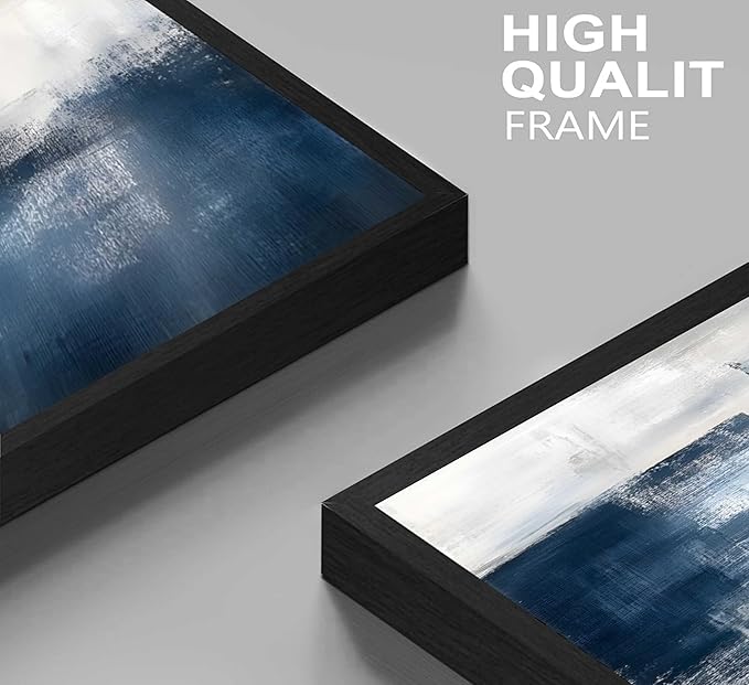 3 Pcs Framed Navy Blue Abstract Canvas Wall Art Modern Minimalist Neutral Blue and Grey Paintings Pictures Wall Decor Poster Print Artwork for Living Room Bedroom Office Home Decoration