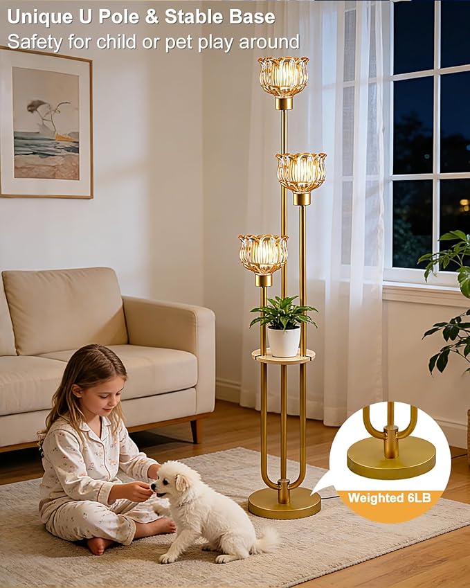 Lightdot Glass Floor Lamp for Living Room 3-Lights Modern Dimmable Gold Floor Lamp with Amber Glass Shade & 3000K Bulbs Included Unique Tall Standing Lamp for Bedroom/Sofa Beside/Corner Decor