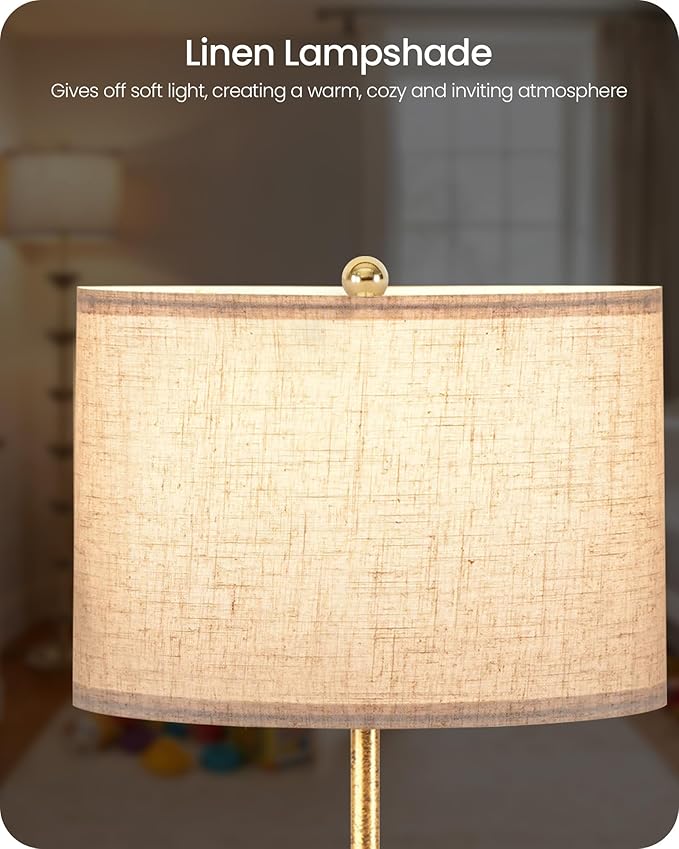 63.8” Floor Lamp with Landen Leaf, Antique Gold Standing Lamp with Foot Switch, Metal, Beige Linen Drum-Shaped Shade, Bulb Not Included, for Bedroom, Living Room D20LD05