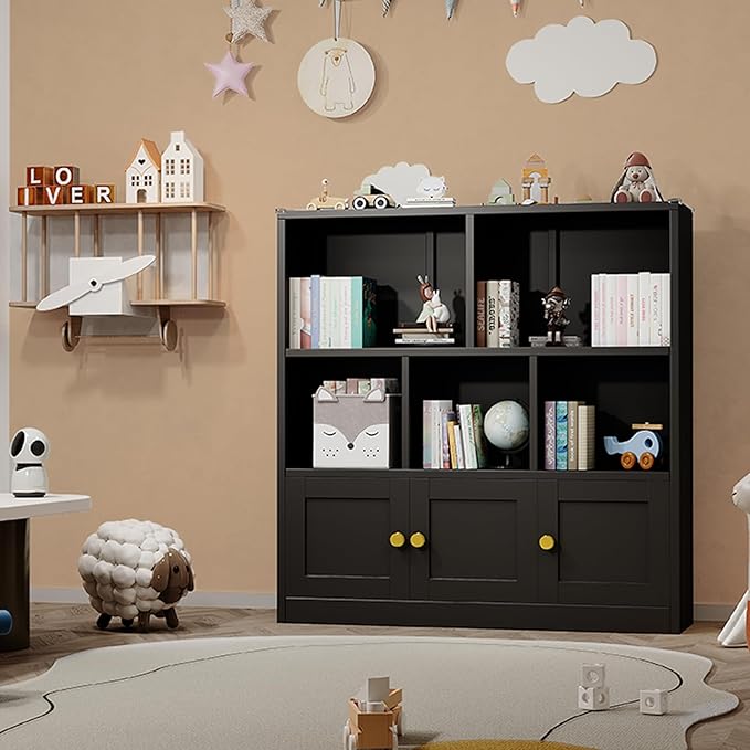 Kids Bookshelf and Toy Storage Organizer with 3 Cabinet and 5 Open Cubbies，Kids Toys Storage Organizer Shelf with Corner Guard，Multifunctional Floor Chest for Playroom and Kid's Room（Black）
