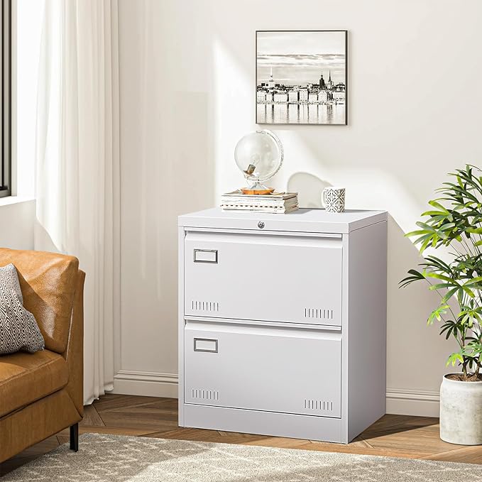 GREATMEET 2 Drawer Lateral File Cabinet,Lateral Filing Cabinet with Lock,Metal Lateral File Cabinet for Letter/Legal/F4/A4 Size with Hanging Bars,White