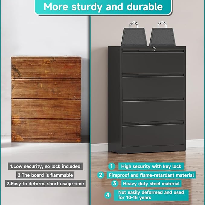 4 Drawer Lateral File Cabinet with Lock, Heavy-Duty Metal Vertical Filing Cabinet for Office, Steel Storage Compatible with Hanging Files Letter/Legal/F4/A4 Sizes (4 Drawer, Black)