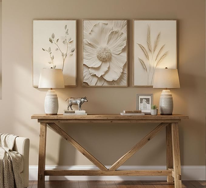 3Pcs Neutral Beige Floral Plant Canvas Wall art Textured Flower Botanical Painting Picture Wall Decor Vintage Blossom Poster Prints for Living Room Bedroom Bathroom Decor Unframed