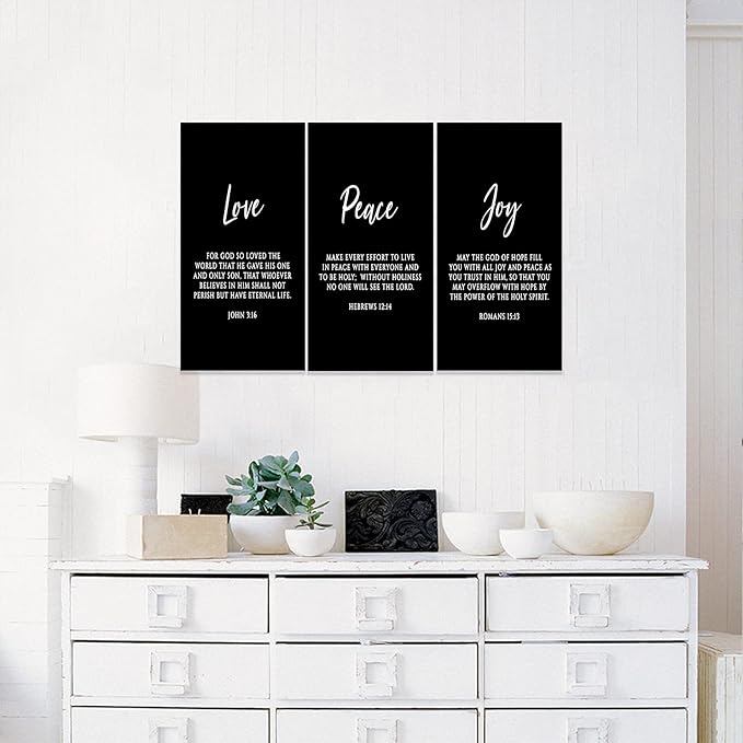 3 Piece Inspirational Wall Art, Black Sayings Prints Picture, Quotes "Love Peace Joy" Motivational Canvas Art for Religious Decor Gifts, Stretched And Framed Artwork for Home Wall Decor (36"Wx24" H)