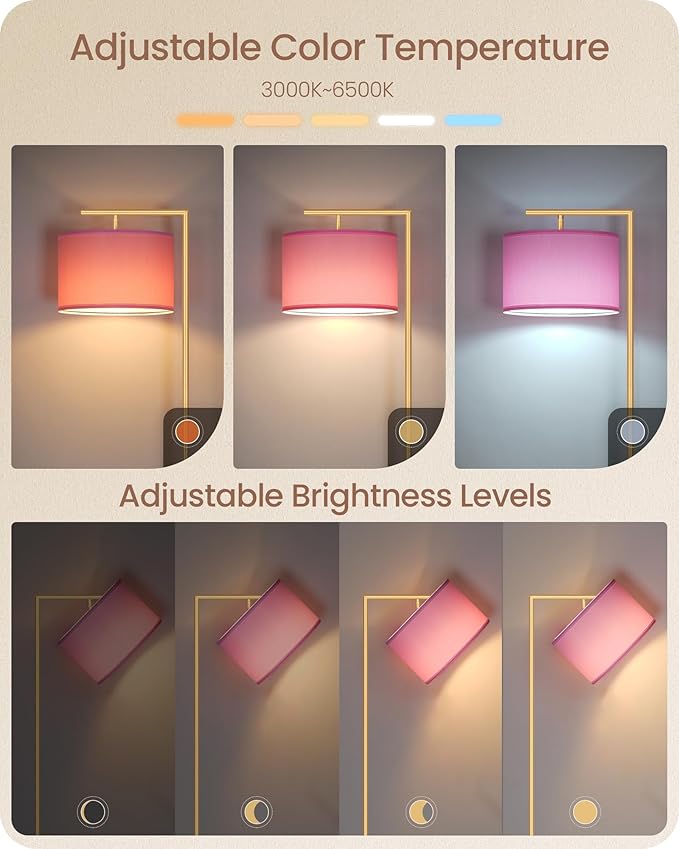 Modern Gold Arc Floor Lamp, Corner Tall Lamp with Remote, Arched Reading Light with Fabric Shade, Floor Lighting for Living Room, Bedroom, Office, Study, Pink, LED Bulb Included, DP11LD05