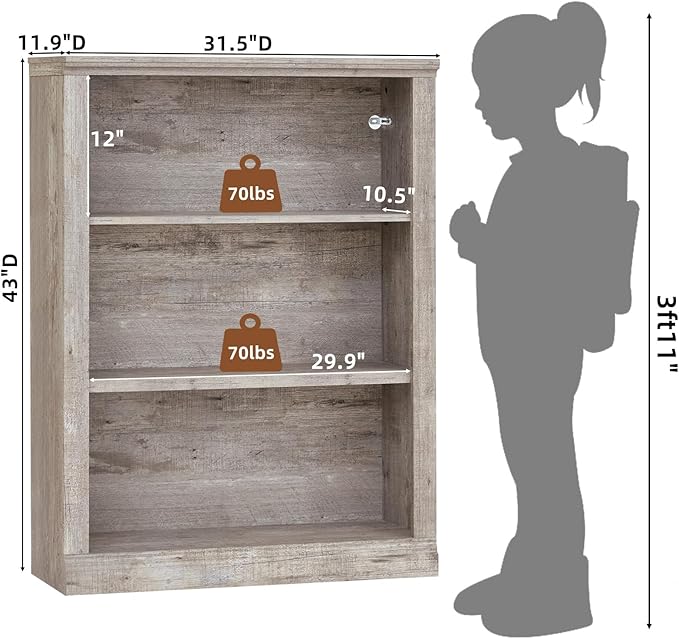 43" Grey Tall Bookshelf Set of 4,3-Tier Thick Wooden Book Shelf with Adjustable Shelves,Free Standing Farmhouse Bookcase with Open Display Storage,Floor Vintage Bookshelves for Living Room