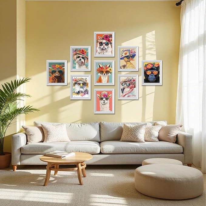 Funny Animal Nursery Wall Art Set of 9, Cute Colorful Animal Posters Painting Wall Decoration, Preppy Canvas Print Artwork for Kids Room Bedroom Playroom baby room Home Decor 8x10in Unframed