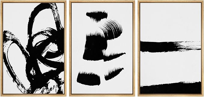 SIGNWIN Framed Wall Art Print Set Grunge Style Black & White Paint Strokes Abstract Shapes Illustrations Modern Art Bohemian Group Dramatic Grey for Living Room, Bedroom, Office - 24"x36"x3 Natural