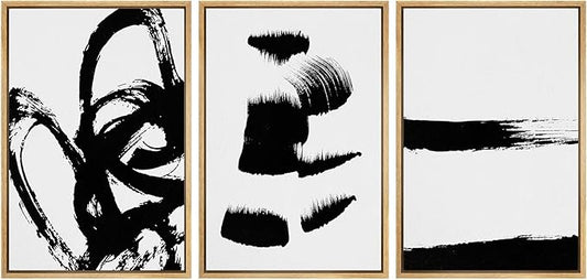 SIGNWIN Framed Wall Art Print Set Grunge Style Black & White Paint Strokes Abstract Shapes Illustrations Modern Art Bohemian Group Dramatic Grey for Living Room, Bedroom, Office - 24"x36"x3 Natural