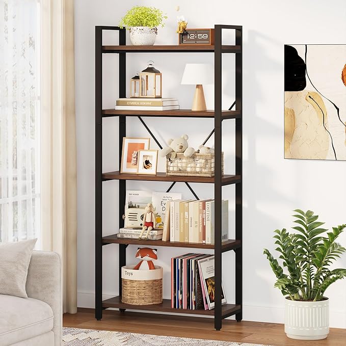 FATORRI 5 Tier Industrial Bookshelf, Rustic Etagere Bookcase for Display, Vintage Shelving Unit Wood and Metal Tall Book Shelves for Home Office (Walnut Brown)