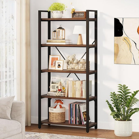 FATORRI 5 Tier Industrial Bookshelf, Rustic Etagere Bookcase for Display, Vintage Shelving Unit Wood and Metal Tall Book Shelves for Home Office (Walnut Brown)