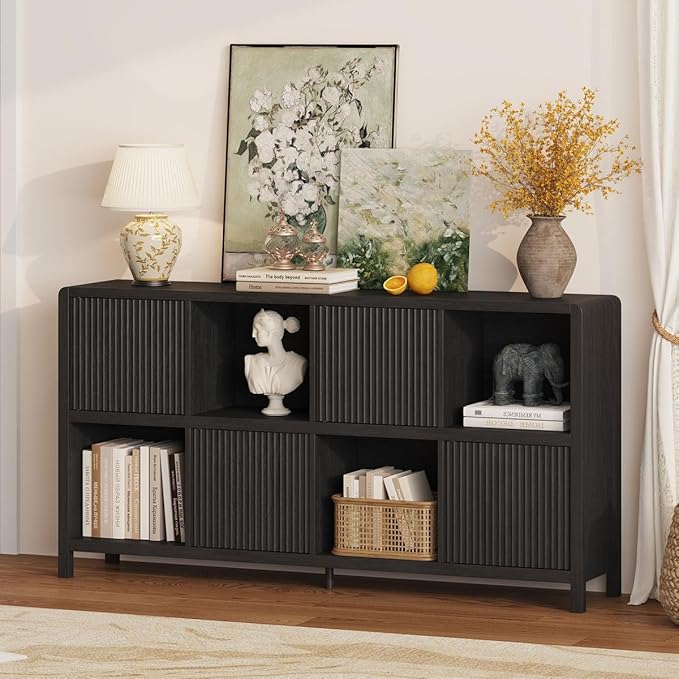 FATORRI 8 Cube Storage Organizer Bookshelf with 4 Doors, Low Horizontal Bookcase with Storage, Long Wood Book Shelf for Dining, Home Office (Black)