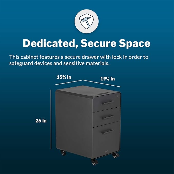 Vari Three Drawer File Cabinet - Mobile Filing Cabinet for Home or Office - Hanging File Storage - Lockable Drawers with Heavy-Duty Steel and Rolling Casters - Charcoal Grey
