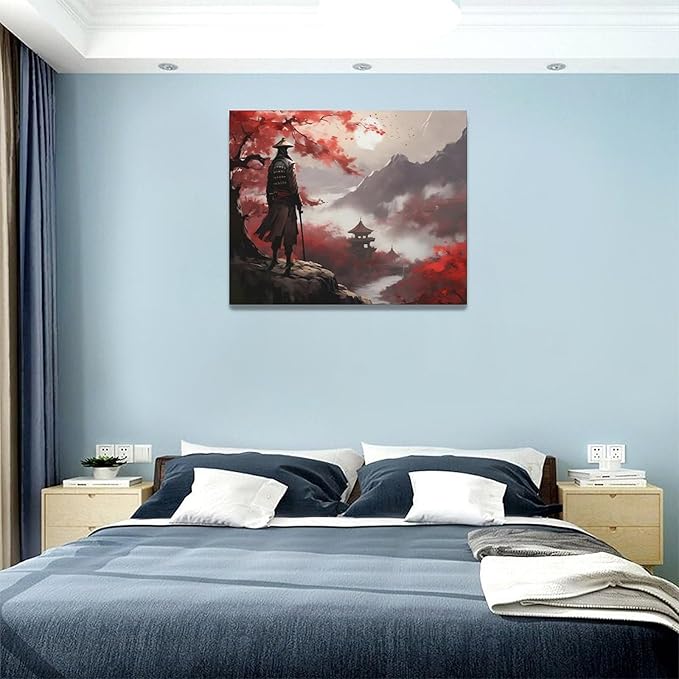 yerretin Japanese Bushido Wall Art Samurai Pictures Wall Decor Ancient Japan Warrior Canvas Landscape Painting Home Decoration Artwork for Bathroom Bedroom Living Room Office Framed 20"x16"