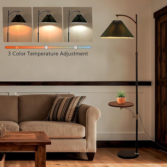 Floor Lamp with Table for Living Room, Tall Standing Lamps with Shelves, Height Adjustable Lamp Table Combo, Dimmable Corner Rustic Lamps with Tray for Bedroom Office, Bulb Included (Pleated Green)