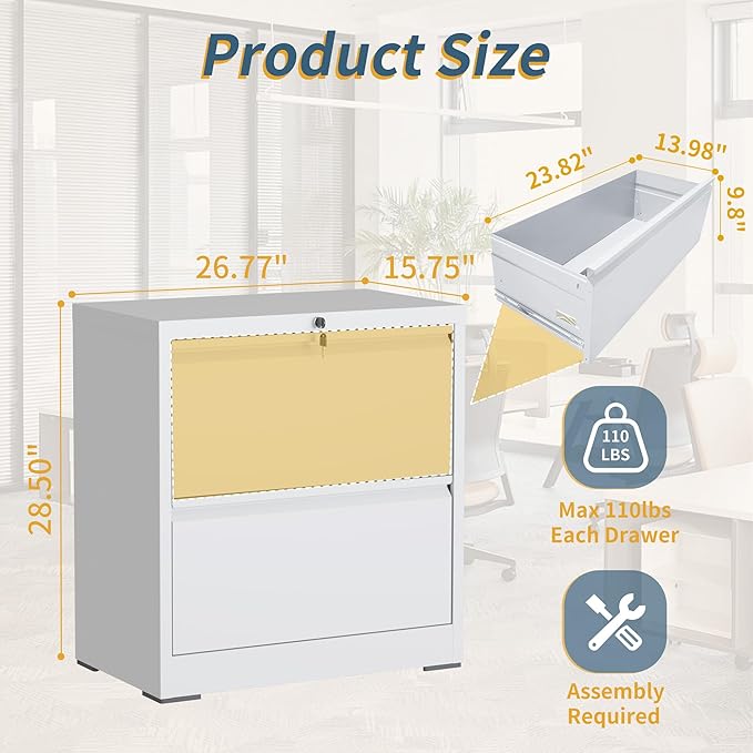2 Drawer File Cabinet with Lock, Lateral Filing Cabinets,Metal Storage Filing Cabinets for Home Office, Heavy Duty File Cabinet for Letter/Legal/A4/F4 Size, Amsseble Required, White