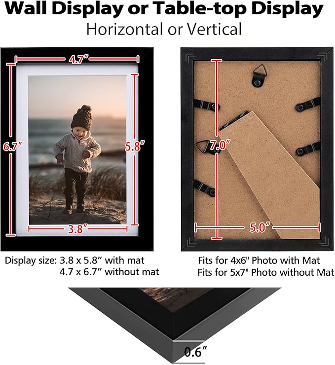 KINLINK 5x7 Picture Frame Black Set of 6, Wooden Photo Frames Matted 4x6 with Plexiglass for 4x6 with Mat or 5x7 without Mat for Table and Wall Display