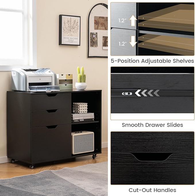 Giantex 3 Drawer File Cabinet, Office Storage Cabinet Fits Files Letter, A4, Legal Size, Rolling Printer Stand with Adjustable Shelf, Office Organization and Storage, Lateral Filing Cabinet (Black)