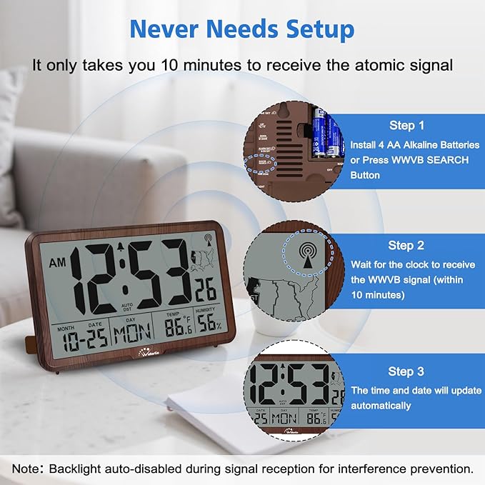 WallarGe Atomic Wall Clock with Backlight, Digital Wall Clock Battery Operated for Classroom, Bedroom, Office, Large Display with Indoor Temperature, Humidity, Date, AUTO DST, 6 Time Zones