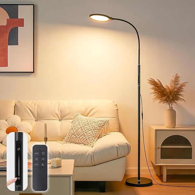 Bright LED Eye-Friendly Floor Lamp with Remote and Touch Dimmer & Adjustable Color Temperature, Smart Gooseneck Standing Light for Living Room,Kids Bedroom, Home Office Desk,Library Study Reading