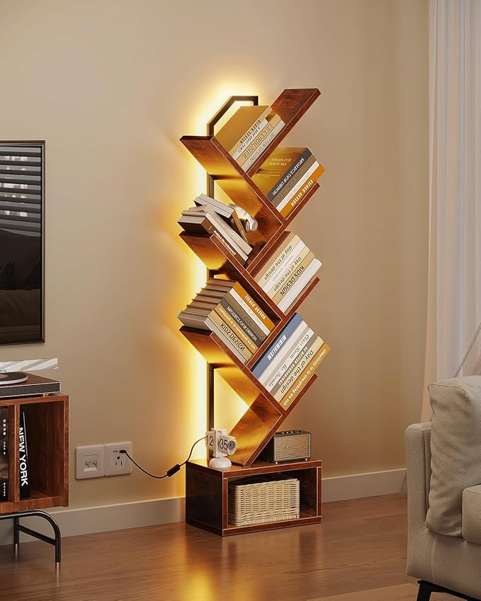 Casaottima Tree Bookshelf with LED Lights, 6-Tier Narrow Bookcase for Small Spaces, Tall Steel & Wood Storage Shelf with Cabinet, Home Decor & Organizer for Living Room/Bedroom/Home Office, Vintage