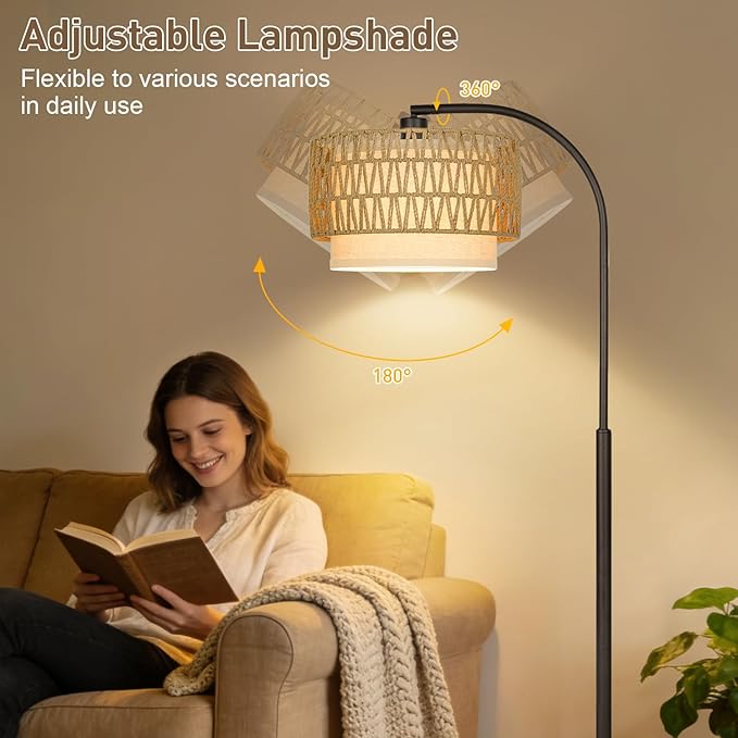 Rattan Floor Lamp, Dimmable Boho Floor Lamp, Farmhouse Arc Standing Lamp with Adjustable Rattan & Fabric Shades, Modern Lamp Tall Lamp for Living Room Bedroom Office Reading Room, Bulb Included