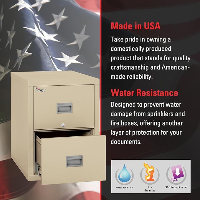 FireKing Patriot 2P1831-CPA Insulated UL Class 350 one-Hour Fire Rated Vertical Filing Cabinet with 2 Drawers, Deep Letter Size, 31-9/16" Length x 17-3/4" Width x 27-3/4" Height, Parchment