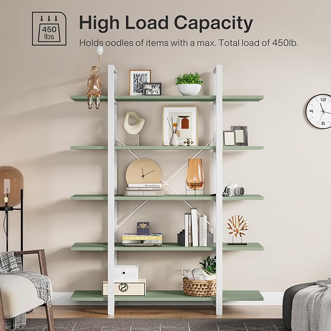 Tribesigns 5-Tier Bookshelf, Vintage Industrial Style Bookcase 72 H x 12 W x 47L Inches (Green)