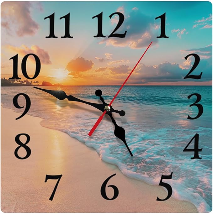 Britimes Wall Clock, Square Silent Non-Ticking Battery Operated Clock 12 Inch, Sea Beach Blue Sky Sand Home Decor for Living Room, Bathroom, Bedroom, Kitchen, Office and School