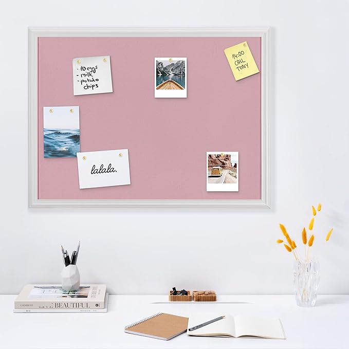 Navaris Framed Fabric Bulletin Board - 18 x 24 inches Plush Jewelry Organizer Pinboard for Wall - Memory Memo Pin Board - Rose with White Frame